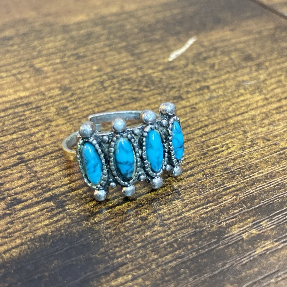 Southwestern Turquoise Look Ring Adjustable Boho Tribal Statement Size 6